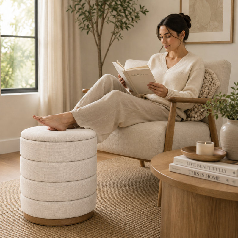 Pouf de rangement cylindrique Tessa 40 cm (16 po) en lin, avec couvercle amovible et rangement dissimulé, beige, Beige