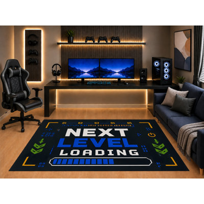 Tapis de jeu ultra-léger 152 x 213 cm (5' x 7') - Motif d'arcade « Next Level Loading » - Idéal pour chambre d'ado, salle de jeux ou salle de loisirs - Dos en silicone antidérapant - Poils courts