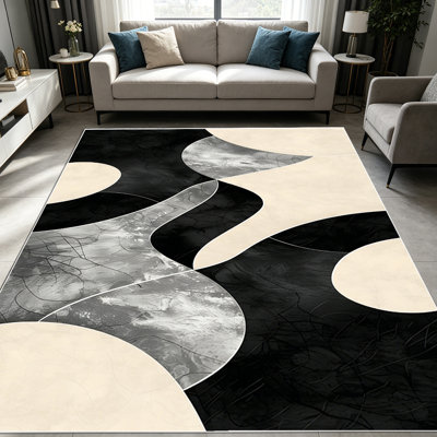 1PC Abstract Wavy Black Grey Beige Geometric area rugs for Living Room, Soft and Comfortable, Suitable for all seasons, easy-to-maintain, machine washable Indoor floor mat, Under Table Farmhouse suitable for dining room, bedroom, entryway, home