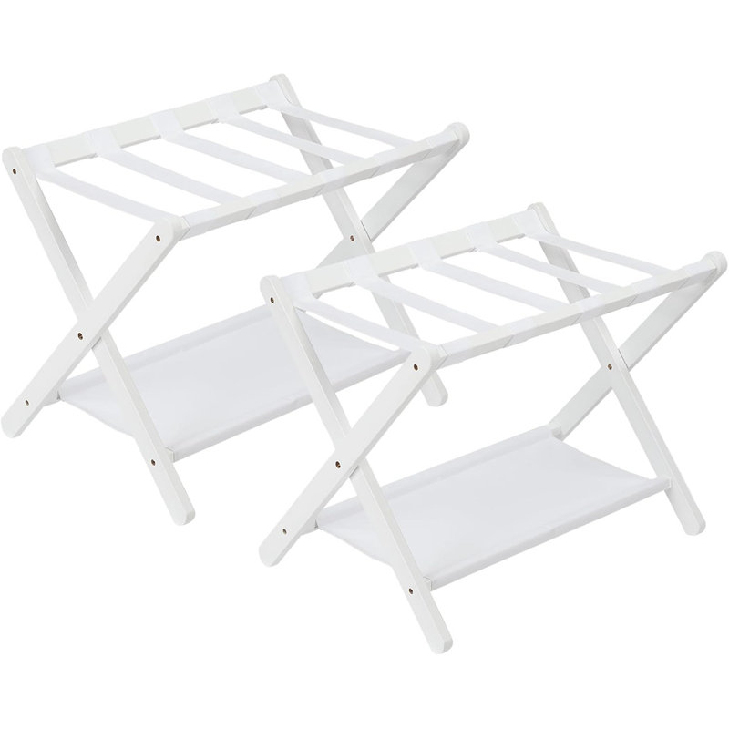 Bamboo Folding Luggage Rack with Storage Shelf & Nylon Straps, 2-Tier Suitcase Stand Holds 110 lbs, Fits 22"-26" Luggage for Bedrooms, Living Rooms, Hotels