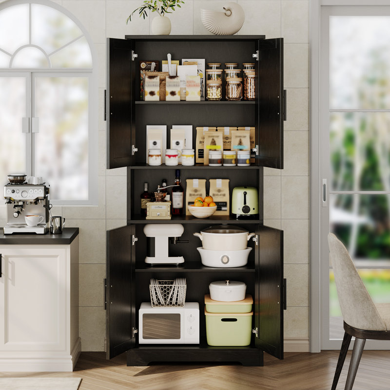 Tall Kitchen Storage Cabinet with 4 Doors – Modern Wooden Sideboard with Adjustable Shelves – Vertical Floor Cupboard for Living Room, Dining Room, Bathroom, Laundry – Wood Grain Finish, Anti-Tip Kit
