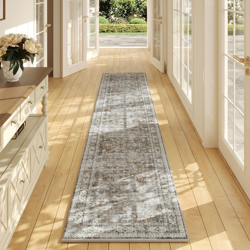 Washable Floral Kitchen Runner Rugs, Gray, Runner 2' x 10'