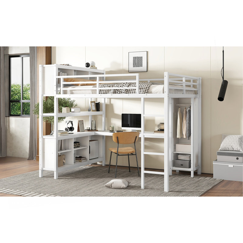 Versatile Metal Loft Bed With Integrated Storage Cubes, Shelves And Functional L - Shaped Desk Suitable For All Ages And Small Spaces