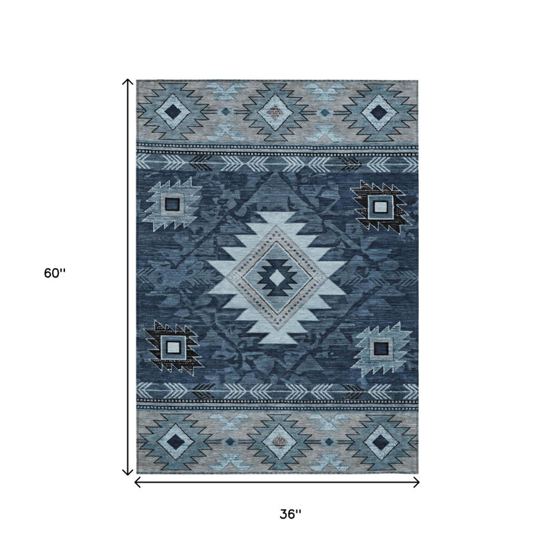Tapis intérieur/extérieur lavable, bleu ivoire et anthracite, motif tribal, 90 x 150 cm