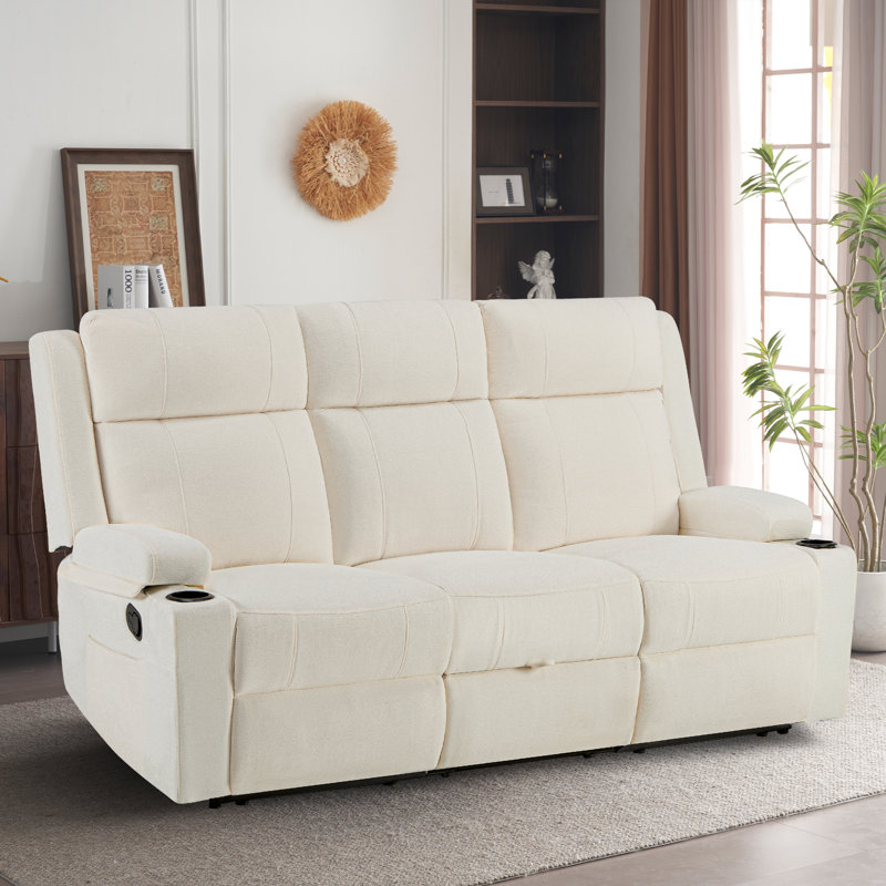 Canapé inclinable 3 places avec porte-gobelets et tiroir de rangement - tissu chenille doux, Beige