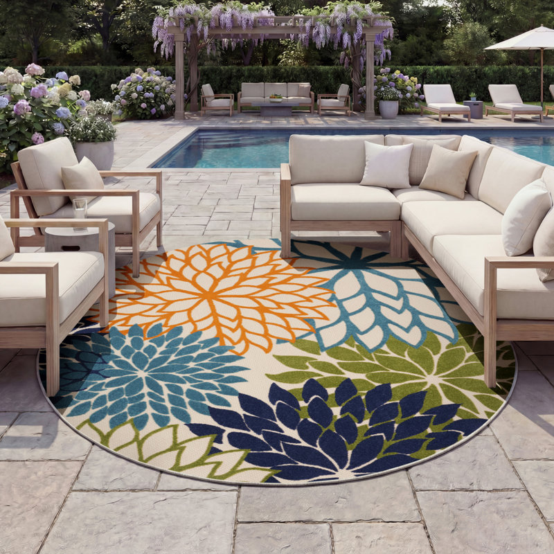 Tapis intérieur / extérieur rond en polypropylène bleu / vert / orange 5 pi 3 po x 5 pi 3 po Isalia