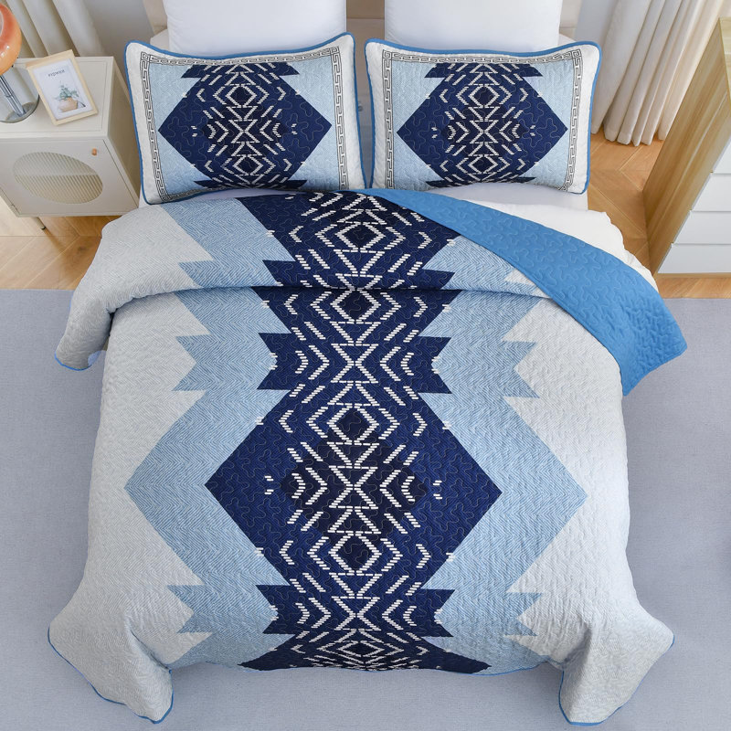 3-Piece Boho Aztec Western Quilt Set Textured Bedspread Coverlet with Pillowcases for All Seasons, King Quilt + 2 Pillowcases