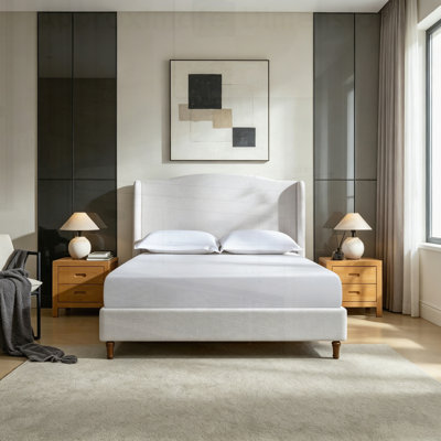Hannah Upholstered Wingback Bed with Premium Textured Canvas, Minimalist Design, No Box Spring Needed, Easy Assembly