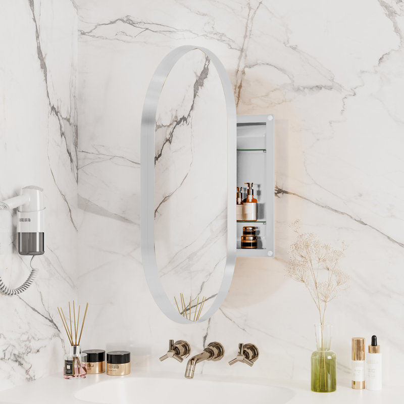 Armoire à miroir encastrée ovale 20,05 po x 34 po avec cadre en métal avec tablettes réglables, étagère de rangement de salle de bain blanche 20 po x 34 po