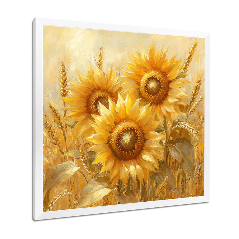 Art mural de tournesols dans la basse-cour à blé VI, Reproduction encadrée d'une seule photo, H 16 po x l 16 po, Blanc