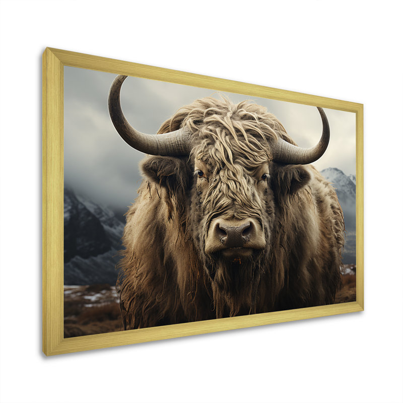 " Monochrome Yak Grazing Scene ", 34" H x 44" W x 1.5" D, Gold Single Picture Framed