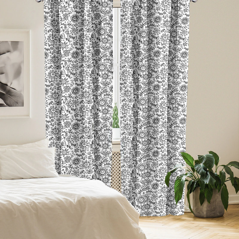 Black and White Floral Sketch Room Darkening Curtain Panels, 28" x 63"