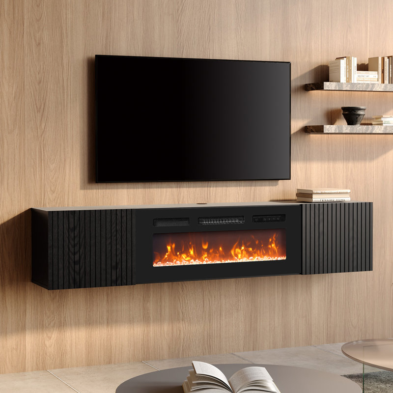 Modern Floating Tv Stand With Electric Fireplace, Media Console For Tvs Up To 80", Wood Entertainment Center With 36" Fireplace, Fireplace Tv Shelf Cabinet For Living Room, Bedroom, Black