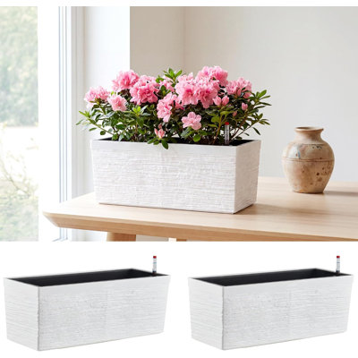 Self-Watering Rectangular Window Box Planter with Drainage, Stripe Plastic Pot for Porch Patio Herb Garden, 2-Pack White