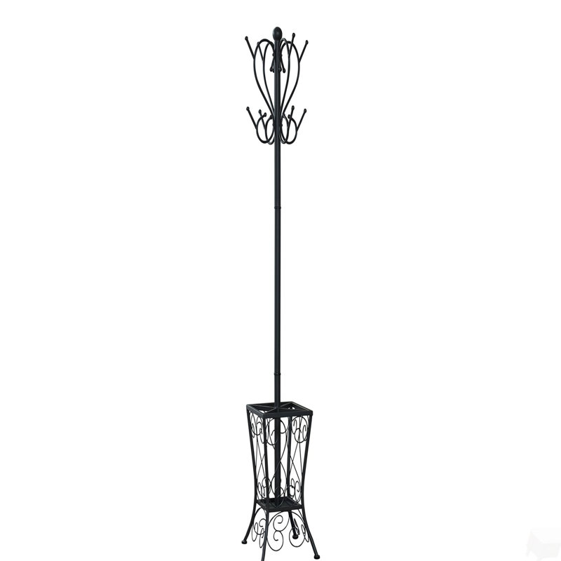 Coat Rack, Hall Tree, Free Standing, 8 Hooks, Entryway, 71"h, Umbrella Holder, Bedroom, Black Metal, Transitional