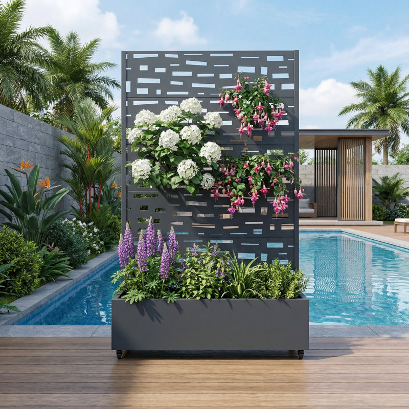 Metal Planter Box with Trellis with Wheels, 72" H x 47" W x 16" D, Wheels, Dark Gray