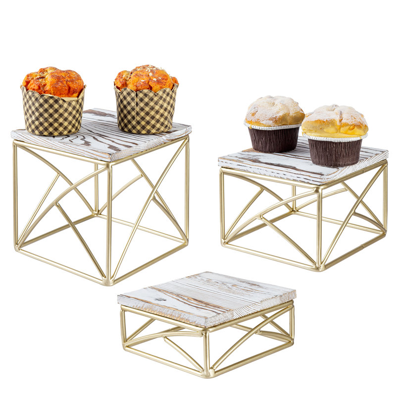Présentoir à gâteaux carrés à 3 niveaux, Blanc délavé / or