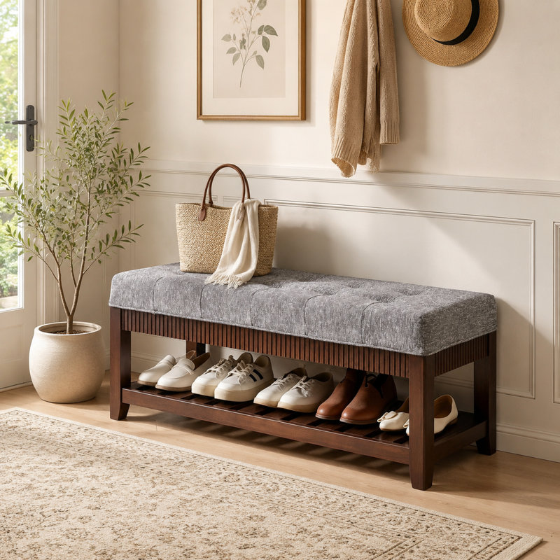 Banc d'entrée en bois d'hévéa massif avec coussin rembourré et étagère à chaussures intégrée, banc de rangement capitonné pour hall d'entrée, couloir ou salon
