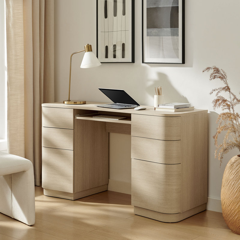 Mirae 55" 6-Drawer Curved Office Desk, Light Oak