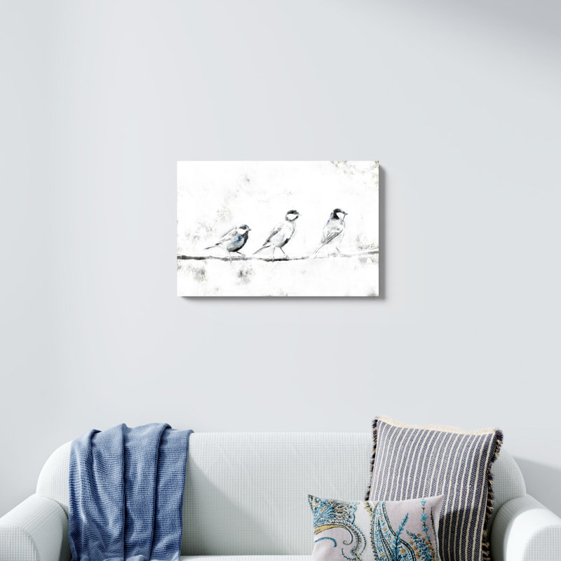 Oiseaux noirs et blancs sur une branche - peinture sur toile tendue, H 20 po x l 30 po
