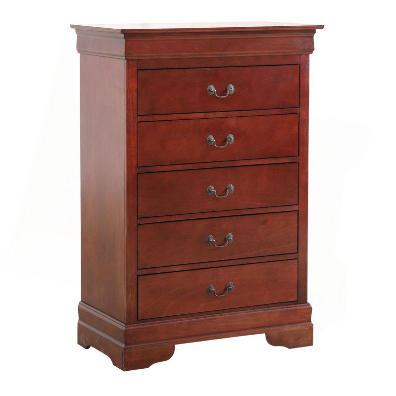 Commode verticale à 5 tiroirs avec poignées décoratives, Cerisier