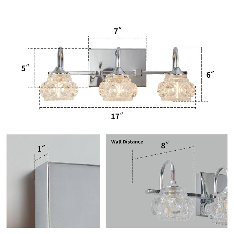 Éclairage pour meuble-lavabo en métal et chrome 3 lumières 18 po avec abat-jour en verre transparent pour salle de bain (ampoules non incluses)