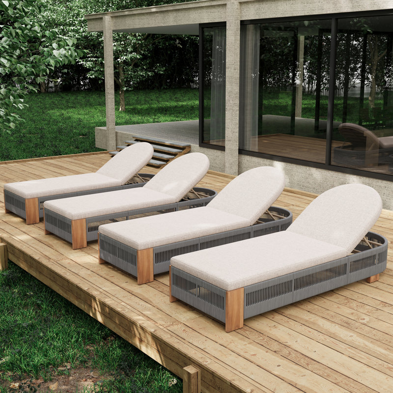 Méridienne de patio réglable en bois pour 4 personnes pour le jardin de la piscine, fer naturel et corde grise, 4