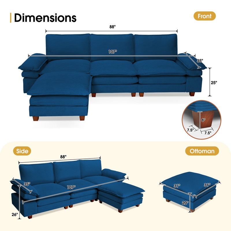 Oversized modern comfy comfy sofa with Ottoman, Navy