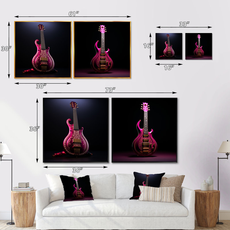 Guitare moderne en majestueux magenta - ensemble de 2 collages carrés de musique, Cadre flottant noir, H 16 po x l 33 po
