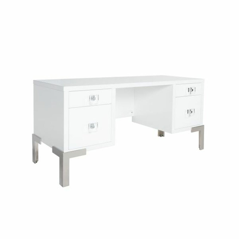 Matte White Lacquer and Nickel Home Office Desk with Drawers
