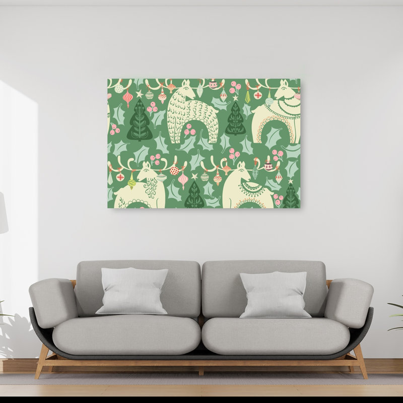 Festive Folk Reindeer Pattern Abstract Christmas Tree Deer Winter Landscape Wall Art Print 1 Piece Wrapped Canvas Wall Art