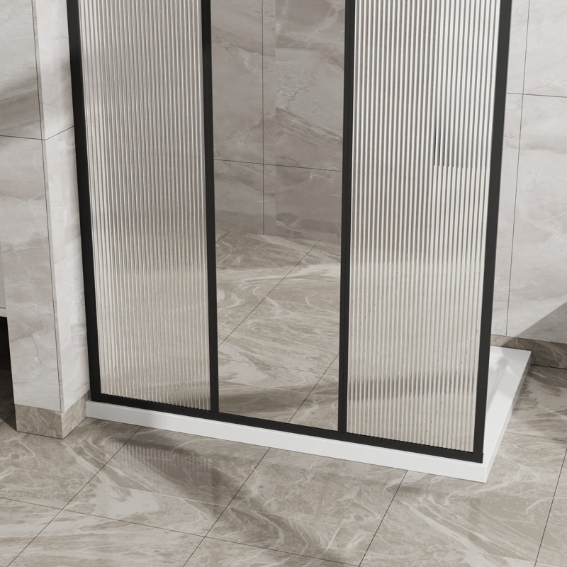 Porte de douche fixe 46 "x 72" noir mat, 3 panneaux 5 mm en verre trempé cannelé avec miroir central et film antidéflagrant
