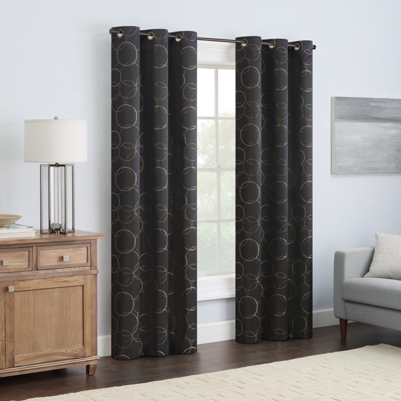 Eclipse Meridian Geometric 100% Blackout Thermaback Grommet Window Curtain Panel, Black, 63" L x 42" W