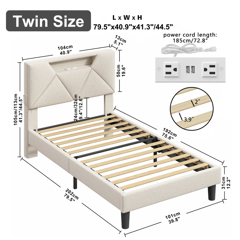 Couvertt Upholstered Bed with Charging Station, Storage Platform Bed with LED Light, Low Profile Bed with Adjustable Headboard，Modern Twin Bed