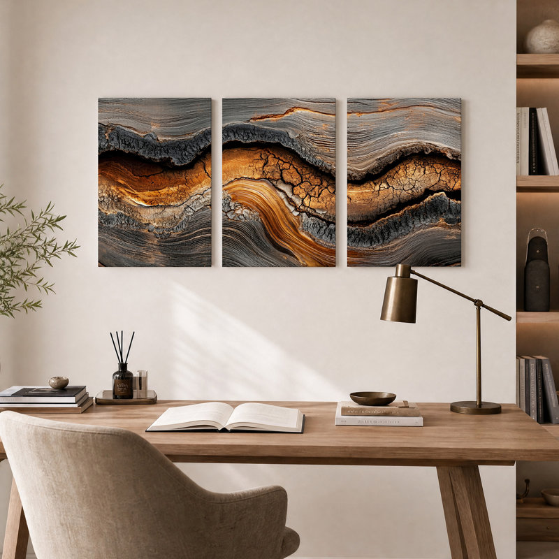 Ensemble de 3 toiles murales ondulées à texture craquelée, anthracite et orange, 18"H x 12"W x 3pcs