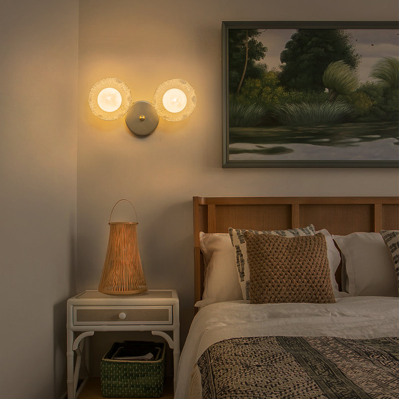 13.4" Mid-Century Modern 2-Light Gold Wall Sconce with Hand-Blown Clear Glass Discs and White Globe Shades for Bedroom Living Room Hallway | UL Listed