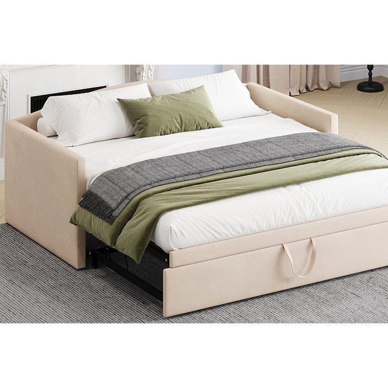 Lit de jour simple avec couchette escamotable allongée, canapé-lit rembourré, conception simple à très simple, idéale pour la chambre d'amis, velours, beige