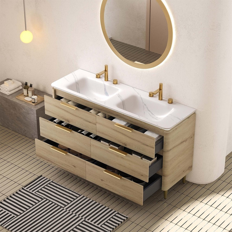 Meuble-lavabo autoportant avec éviers et 6 tiroirs spacieux, armoire en contreplaqué durable, comptoir en pierre frittée résistant à la chaleur