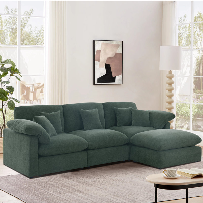 Canapé modulaire luxueux en tissu chenille 4 pièces avec repose-pieds, Chenille verte, H 33,5 po x l 117 po x P 73 po