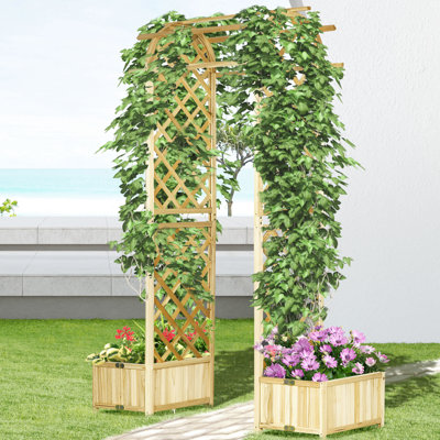 Arche de jardin de 7,5 pi - pour les vignes grimpantes. Décoration ballon. Avec boîtes à fleurs. Treillis en forme d'arche de mariage en bois H 92,5 po x l 21,25 po Toile de fond personnalisée. P 65,25 po