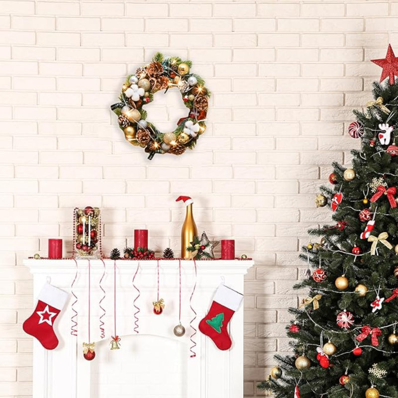 Couronne de Noël artificielle pré-éclairée, couronnes de Noël éclairées pour la porte d'entrée, couronne de Noël intérieure et extérieure pour les décorations de Noël