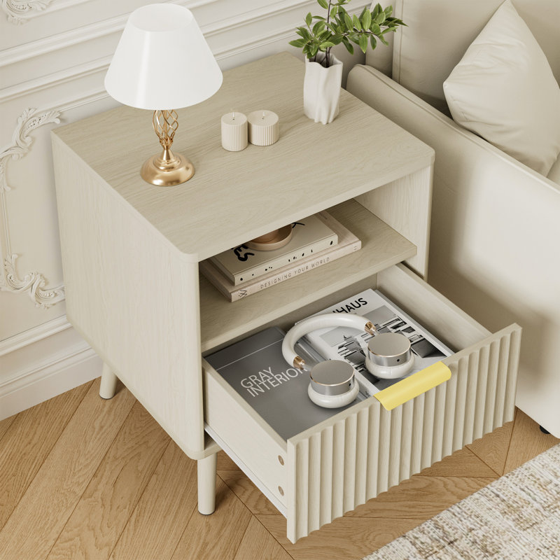 Table de chevet cannelée à profil incurvé, table de bout avec rangement, table de chevet pour chambre à coucher, salon, Crème