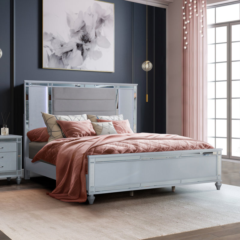 Calypso Bed with LED Lighted Headboard, King, Silver