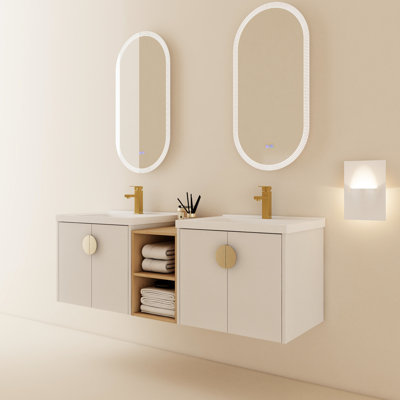 Meuble-lavabo de 60 po avec lavabo. Fixation murale, finition blanc brillant. Petite tablette de rangement. Bassin en céramique, contreplaqué. 2 armoires et lavabos. Assemblage requis, meuble-lavabo moderne, pouces Blanc brillant. Lavabo et évier