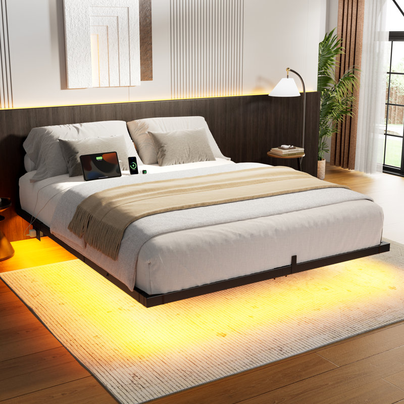 Zoller Floating Bed with LED & Charging Station, Modern Metal Platform Bed, No Box Spring Needed, Twin