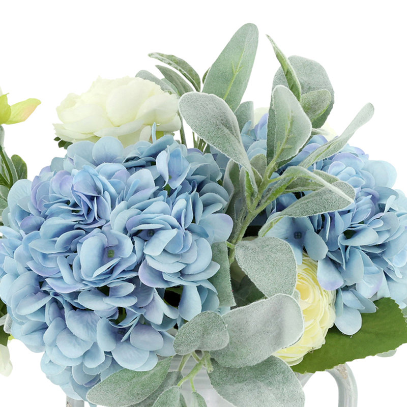 Hydrangeas and Ranunculus in Glazed Ceramic Pot