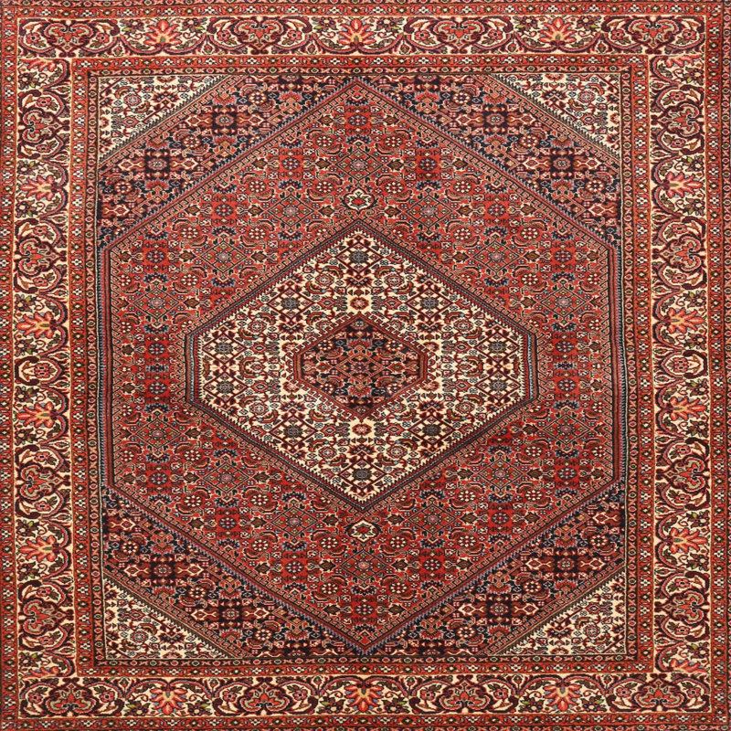 Tapis en laine rouge / beige, Carré 6 pi