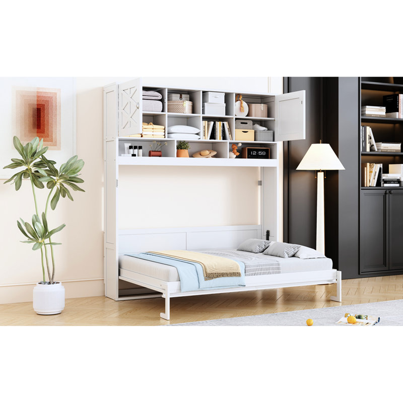 Grand lit mural blanc, avec de grands compartiments de rangement et un lit à rayures de couleur diamant, offrant un grand espace de rangement, rayé, compatible avec les matelas de 6 à 8 pouces