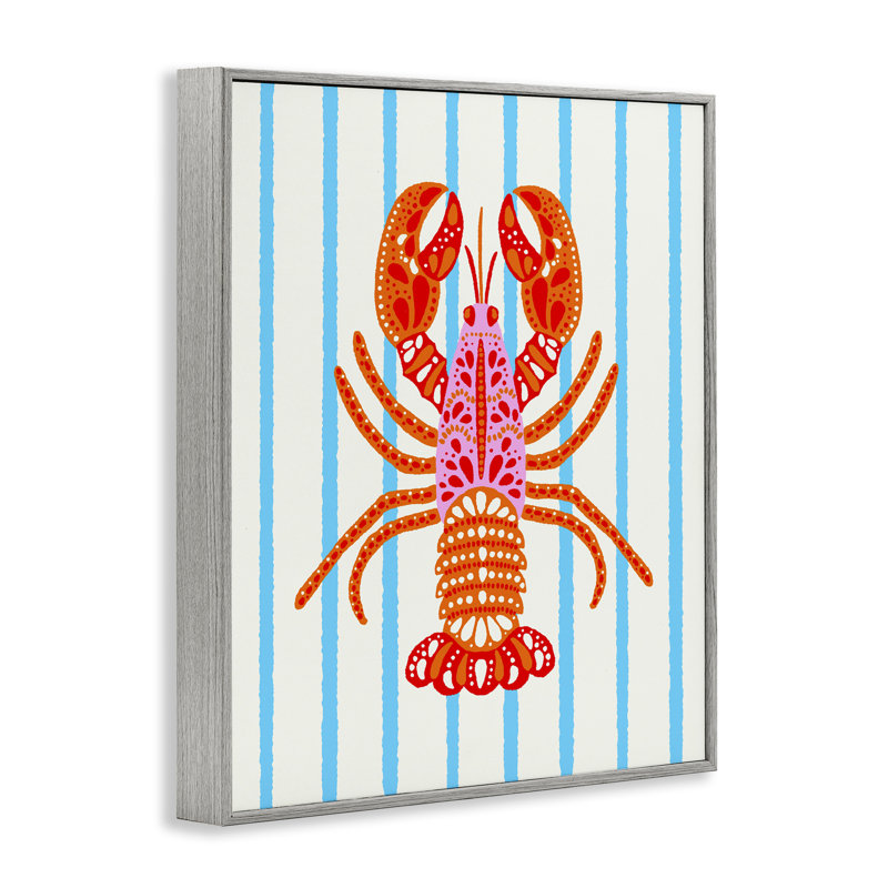 «Bright Boho Lobster on Stripes», estampe numérique, design par Indira Prieto | IndySign, Giclée de ferme grise encadrée