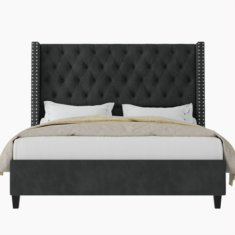 Black Velvet Queen Bed Frame with Tufted Upholstered Headboard